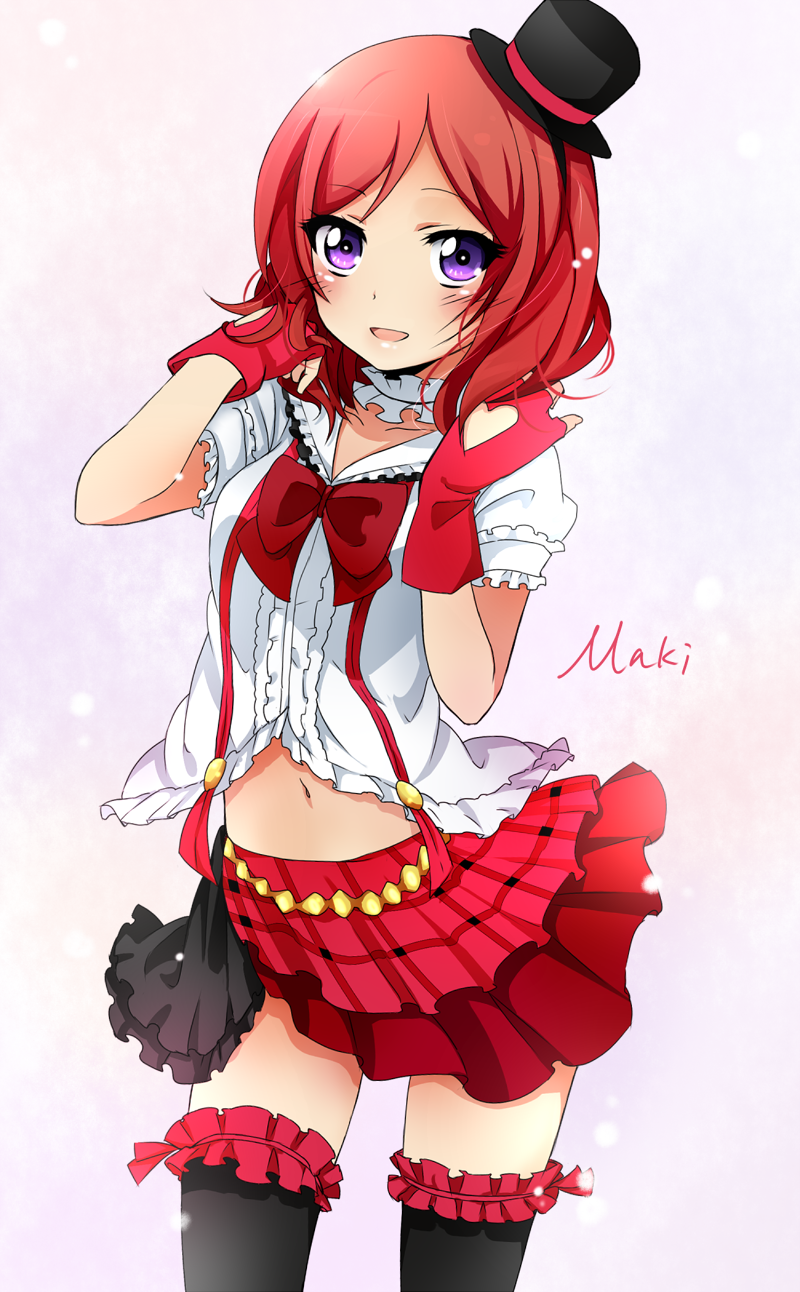 1girl black_legwear blush bokura_wa_ima_no_naka_de bow character_name choker fingerless_gloves frilled_shirt frills gloves hat highres looking_at_viewer love_live!_school_idol_project matsurinnu mini_top_hat navel nishikino_maki open_mouth red_gloves redhead skirt solo standing thigh-highs top_hat violet_eyes zettai_ryouiki