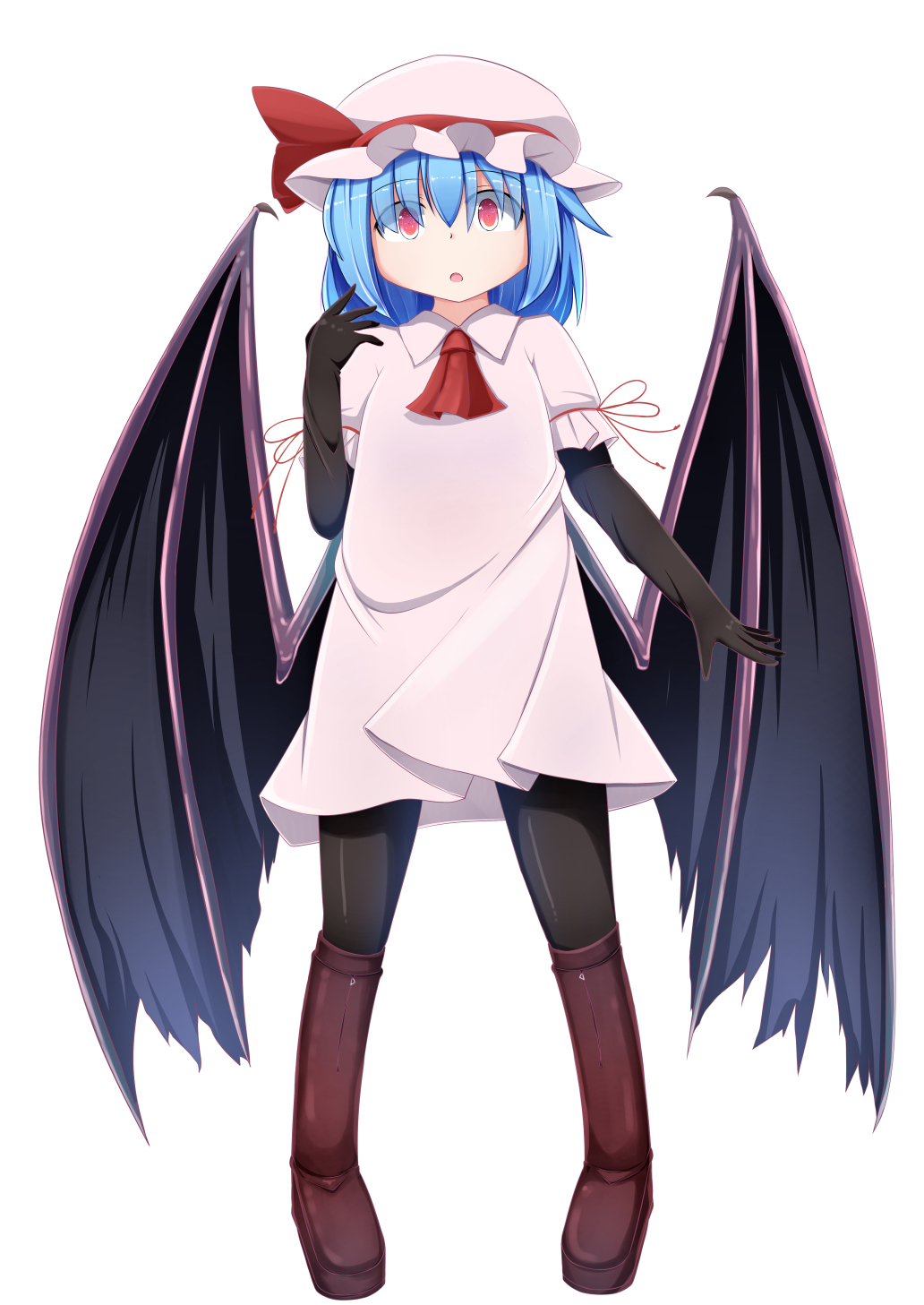 1girl ascot bat_wings blue_hair boots bow haruto_(hirokazu1001) hat hat_bow highres large_wings pantyhose red_eyes remilia_scarlet solo touhou wings
