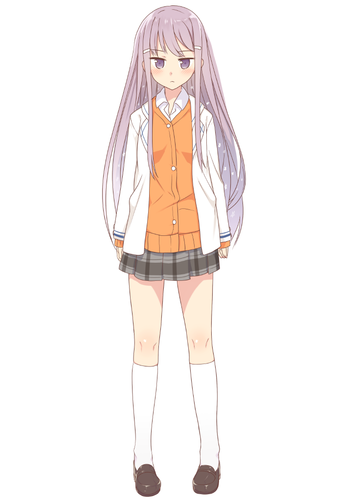 1girl blush cardigan full_body hirasato kneehighs long_hair looking_at_viewer original purple_hair skirt solo standing very_long_hair violet_eyes white_background white_legwear