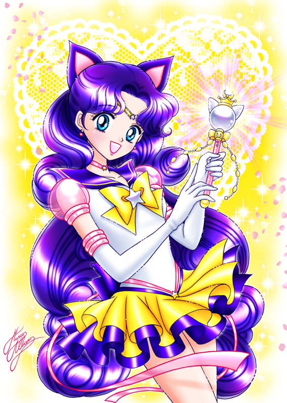 1girl :d animal_ears bangs bishoujo_senshi_sailor_moon blue_eyes cat_ears choker cowboy_shot doily elbow_gloves gloves heart long_hair luna_(sailor_moon) luna_(sailor_moon)_(human) marco_albiero official_style open_mouth parted_bangs petals purple_hair signature smile solo sparkle star very_long_hair wand white_gloves yellow_bow