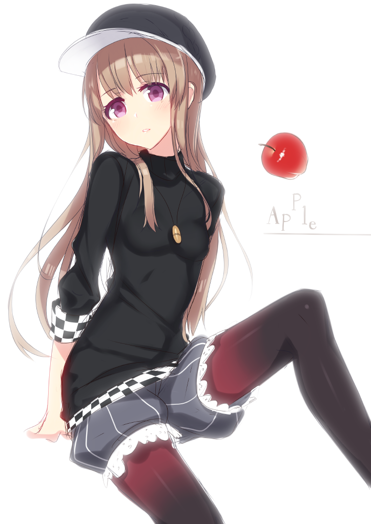 1girl apple brown_hair checkered food fruit hat hirasato jewelry legwear_under_shorts long_hair necklace original pantyhose shorts sitting small_breasts solo sweater violet_eyes white_background