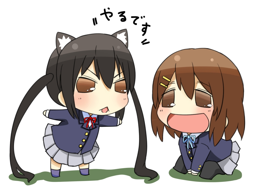 2girls :d animal_ears b-man black_hair blazer brown_eyes brown_hair cat_ears chibi hair_ornament hairclip hirasawa_yui k-on! kemonomimi_mode long_hair multiple_girls nakano_azusa open_mouth pleated_skirt puchimasu! school_uniform short_hair simple_background sitting skirt smile translation_request twintails white_background