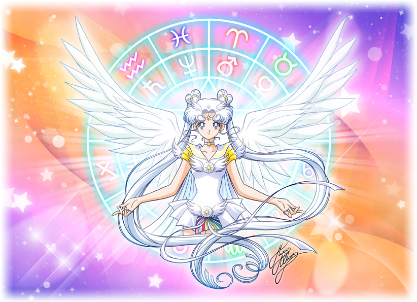 1girl angel_wings bishoujo_senshi_sailor_moon choker circle double_bun dress facial_mark feathered_wings forehead_mark gradient gradient_background jupiter_symbol long_hair marco_albiero mars_symbol neptune_symbol official_style sailor_cosmos saturn_symbol short_dress signature solo star twintails venus_symbol very_long_hair wings zodiac