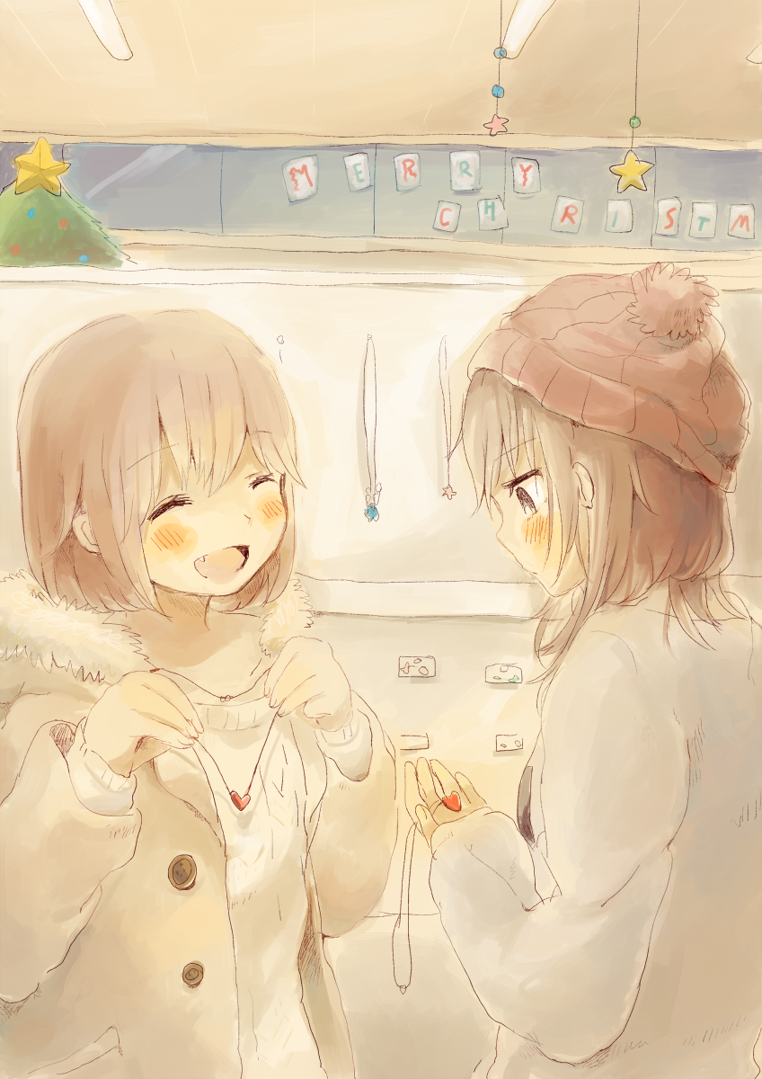 2girls beanie blush brown_hair buttons christmas christmas_tree closed_eyes english fang foomi fur_trim happy hat heart heart_necklace highres holding_necklace hooded_jacket jacket multiple_girls open_clothes open_jacket open_mouth original short_hair sketch smile sweater winter_clothes yuri