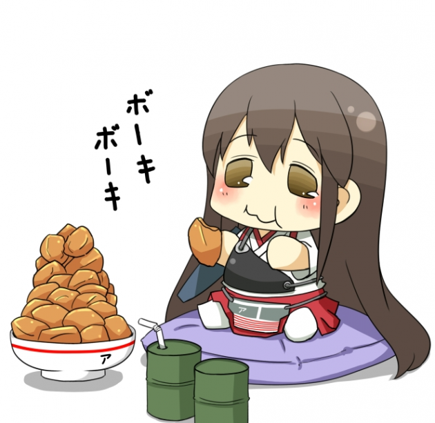 :t akagi_(kantai_collection) artist_request bauxite black_hair bucket chibi drum_(container) eating japanese_clothes kantai_collection long_hair muneate pillow straw yellow_eyes