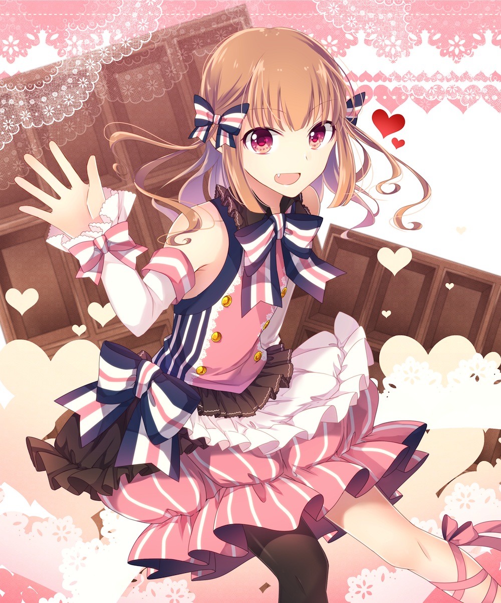 1girl bow brown_eyes brown_hair chocolate detached_sleeves dress fang goma_(11zihisin) hair_bow heart highres long_hair original single_thighhigh sitting smile solo thigh-highs valentine waving