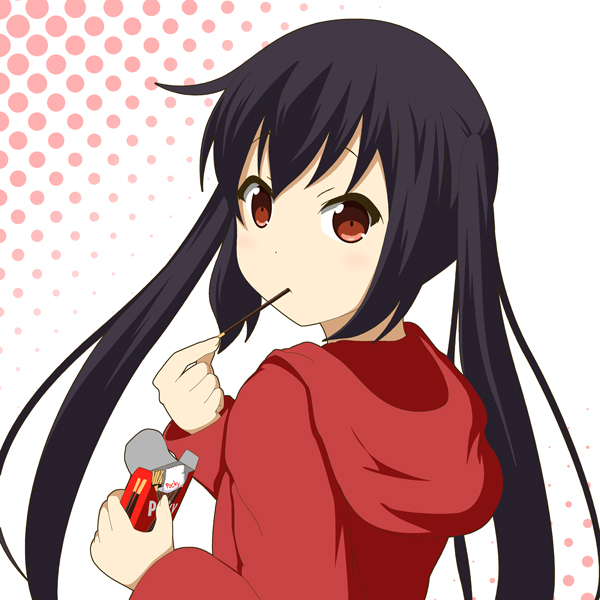 1girl black_hair brown_eyes hoodie k-on! long_hair miicha nakano_azusa pocky twintails