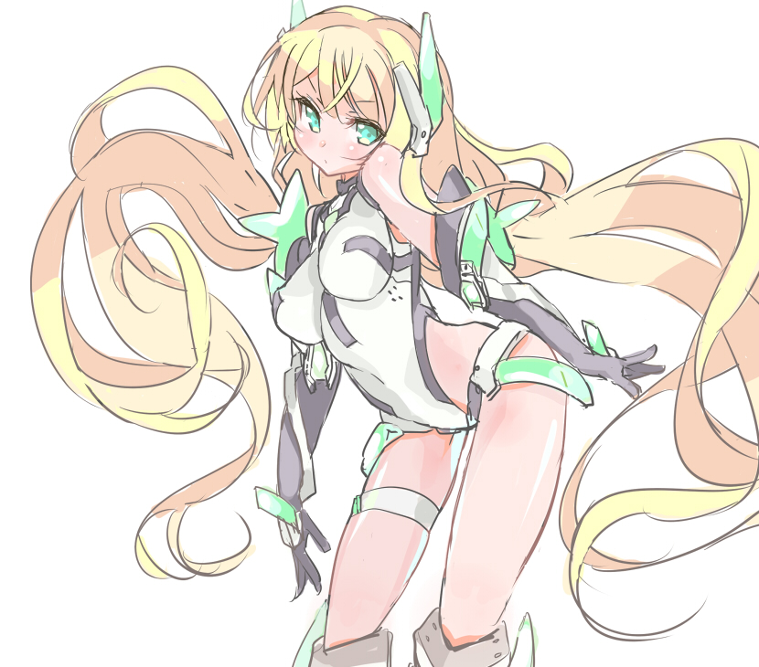 1girl angela_balzac aqua_eyes bare_shoulders blonde_hair bodysuit breasts contrapposto elbow_gloves expelled_from_paradise gloves headgear hei_(tonarinohey) leotard long_hair looking_at_viewer sketch solo thigh_strap twintails very_long_hair white_background