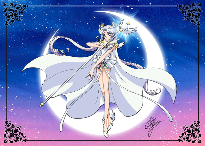 1girl anime_coloring bangs bare_legs bishoujo_senshi_sailor_moon cape crescent_moon double_bun dress drill_hair frame full_body gradient gradient_background hair_ornament hairclip high_heels long_hair marco_albiero miniskirt moon official_style parted_bangs sailor_cosmos short_dress signature silver_hair skirt solo staff twintails very_long_hair white_dress white_hair winged_shoes
