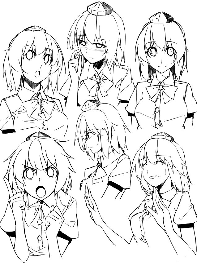 &gt;:o 1girl :o angry blush bust clenched_hand collared_shirt expressions frown grin hat index_finger_raised kamukamu_(ars) looking_at_viewer looking_away monochrome nervous nervous_smile sad shameimaru_aya short_hair sketch smile sweatdrop talking thinking tokin_hat touhou