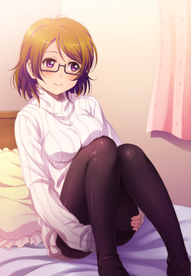 1girl bespectacled black_legwear blush breasts brown_hair glasses knees_on_chest koizumi_hanayo love_live!_school_idol_project on_bed pantyhose pillow ribbed_sweater semi-rimless_glasses shian_(my_lonly_life.) short_hair sitting smile solo sweater thighband_pantyhose turtleneck under-rim_glasses violet_eyes
