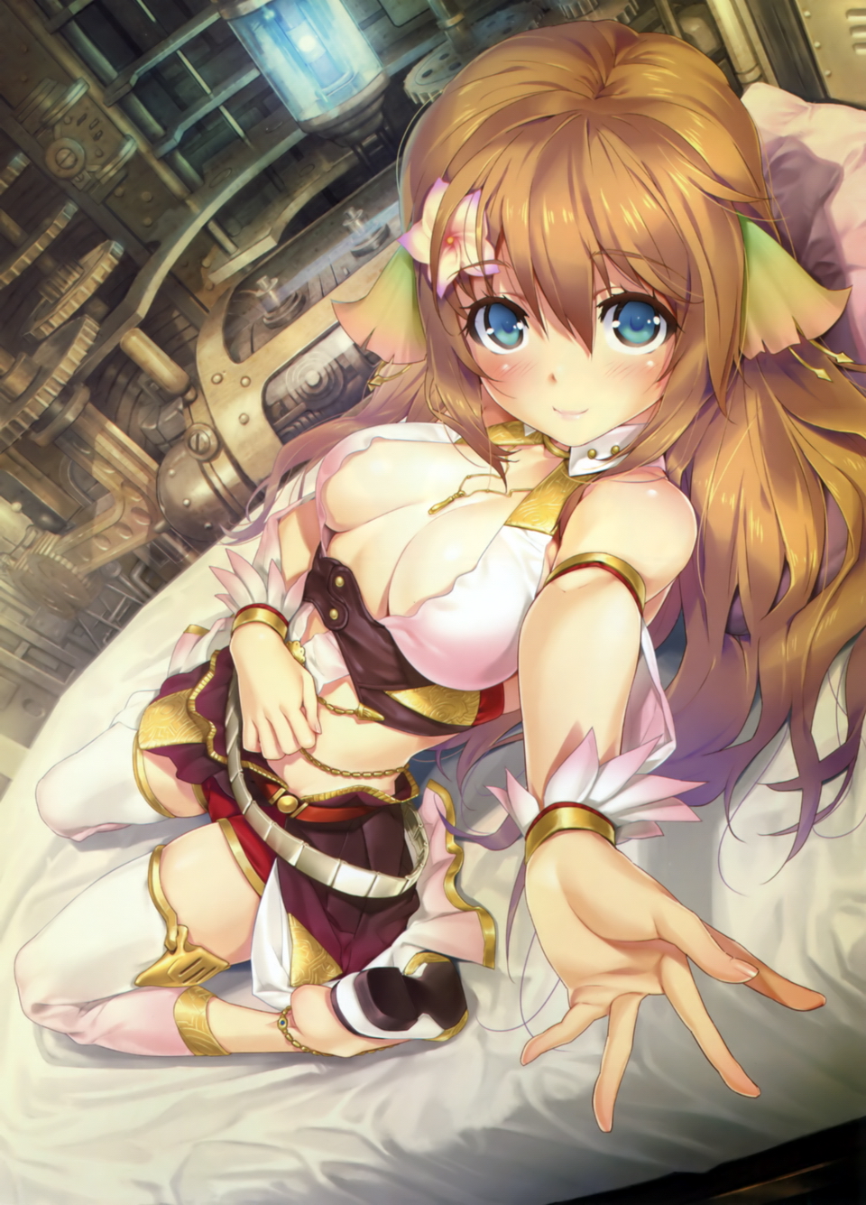 1girl ar_nosurge bed bed_sheet blue_eyes blush breasts brown_hair character_request flower hair_flower hair_ornament hair_ribbon hairclip happoubi_jin highres ionasal_kkll_preciel jewelry large_breasts long_hair looking_at_viewer machine necklace no_bra open_clothes ornament ribbon shoes skirt smile solo thigh-highs zettai_ryouiki