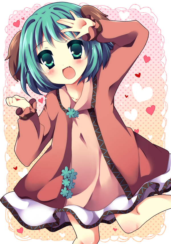 1girl animal_ears arm_up blush brown_dress dress fang green_eyes heart kasodani_kyouko long_sleeves looking_at_viewer open_mouth smile solo standing_on_one_leg touhou uguisu_mochi_(ykss35)