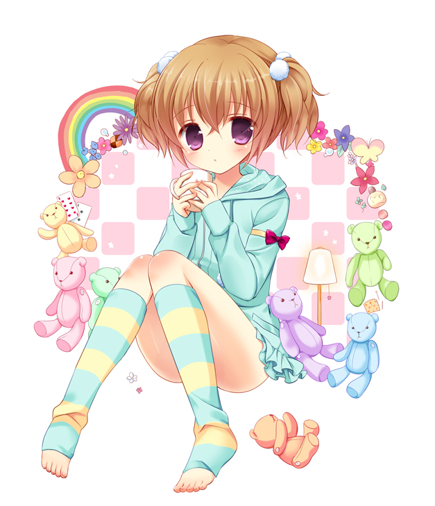 1girl aono_ribbon brown_hair cup hair_bobbles hair_ornament holding looking_at_viewer mug original sitting solo striped striped_legwear stuffed_animal stuffed_toy sweater teddy_bear twintails violet_eyes