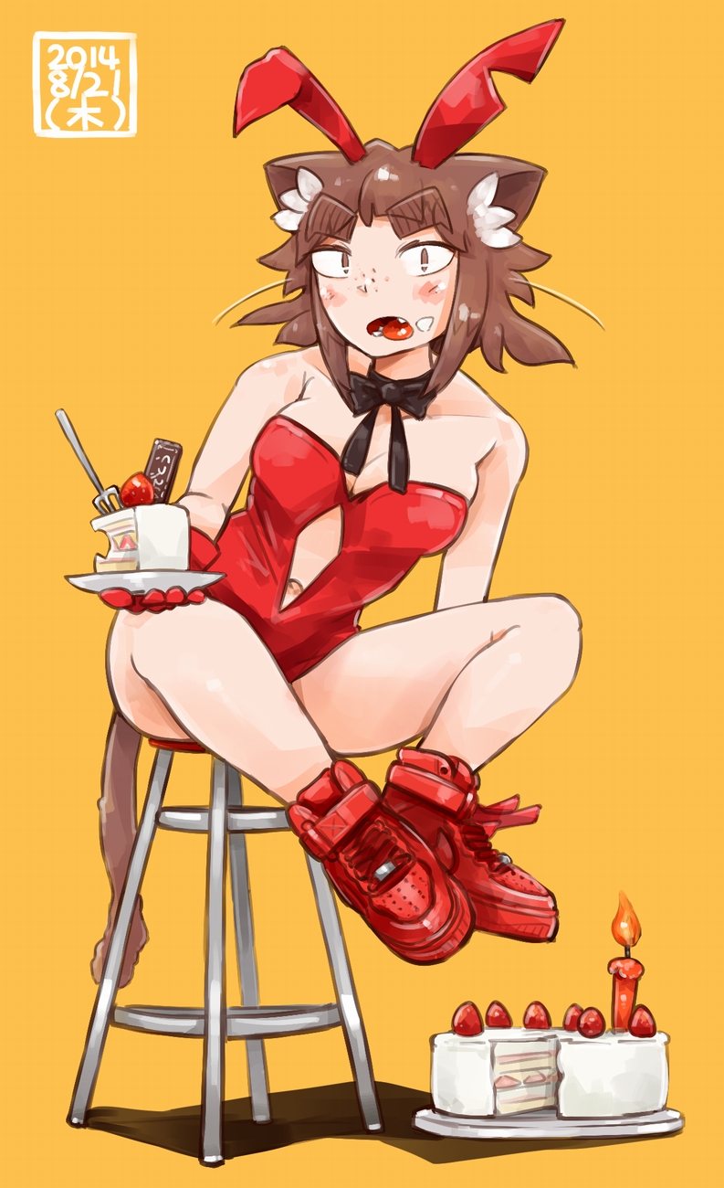 1girl animal_ears bar_stool bare_legs bare_shoulders bowtie breasts brown_hair bunny_girl bunnysuit cake candle cat_ears cat_tail choker cleavage cream_on_face eyebrows fake_animal_ears fang food fork gloves highres licking_lips navel navel_cutout original rabbit_ears red_gloves red_shoes ribbon_choker san_mamiya shoes short_hair sitting slit_pupils sneakers solo tail thick_eyebrows tongue yellow_background