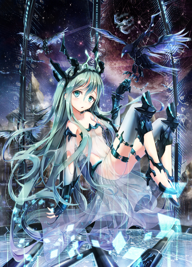 1girl aqua_eyes aqua_hair bare_shoulders bird blush boyogo collarbone covered_navel crown detached_pants fingerless_gloves floating floating_hair gloves long_hair looking_at_viewer original see-through sky small_breasts solo star_(sky) starry_sky very_long_hair