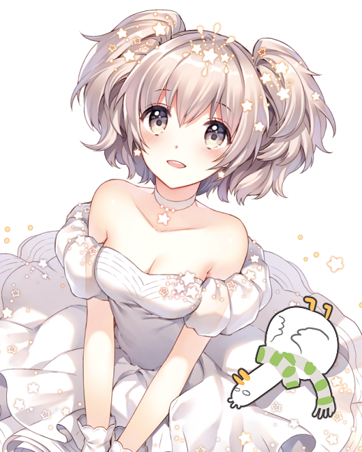 1girl artist_self-insert bare_shoulders blush collarbone dress earrings gloves grey_eyes jewelry looking_at_viewer nardack short_hair short_twintails silver_hair sitting solo star twintails white_background white_gloves