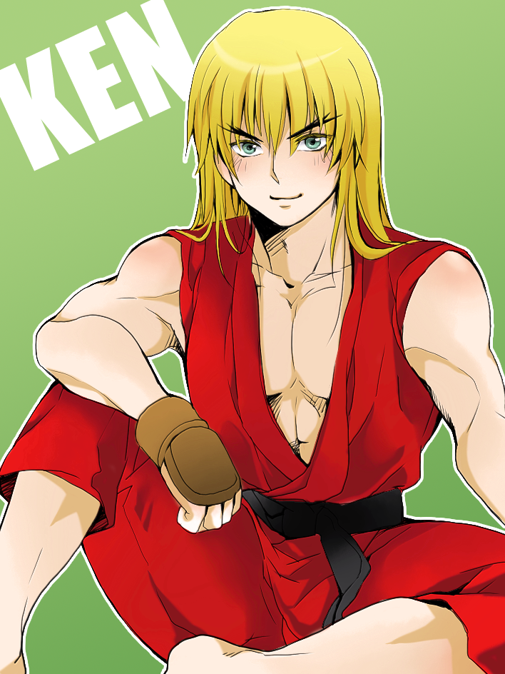 abs blonde_hair blue_eyes dougi eyebrows ken_masters long_hair muscle pectorals sitting solo street_fighter wenny_aries