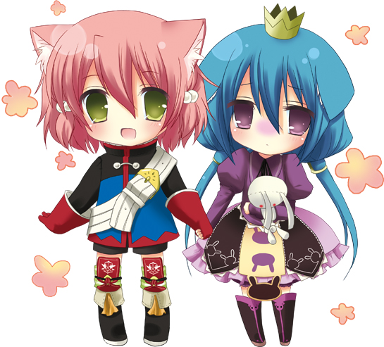 2girls 7th_dragon :d animal_ears aono_ribbon blue_hair cat_ears chibi crown doll_hug fighter_(7th_dragon) green_eyes hair_ornament holding_hands long_hair looking_at_viewer mini_crown momomeno_(7th_dragon) multiple_girls open_mouth pink_hair short_hair smile stuffed_animal stuffed_bunny stuffed_toy twintails violet_eyes