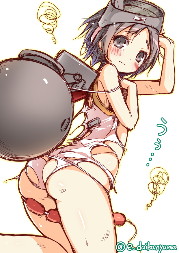 1girl bare_shoulders between_legs black_eyes black_hair daikan'yama_ebisu goggles goggles_on_head kantai_collection looking_at_viewer looking_back maru-yu_(kantai_collection) school_swimsuit short_hair solo squiggle swimsuit tears torn_clothes torn_swimsuit twitter_username wavy_mouth white_school_swimsuit white_swimsuit