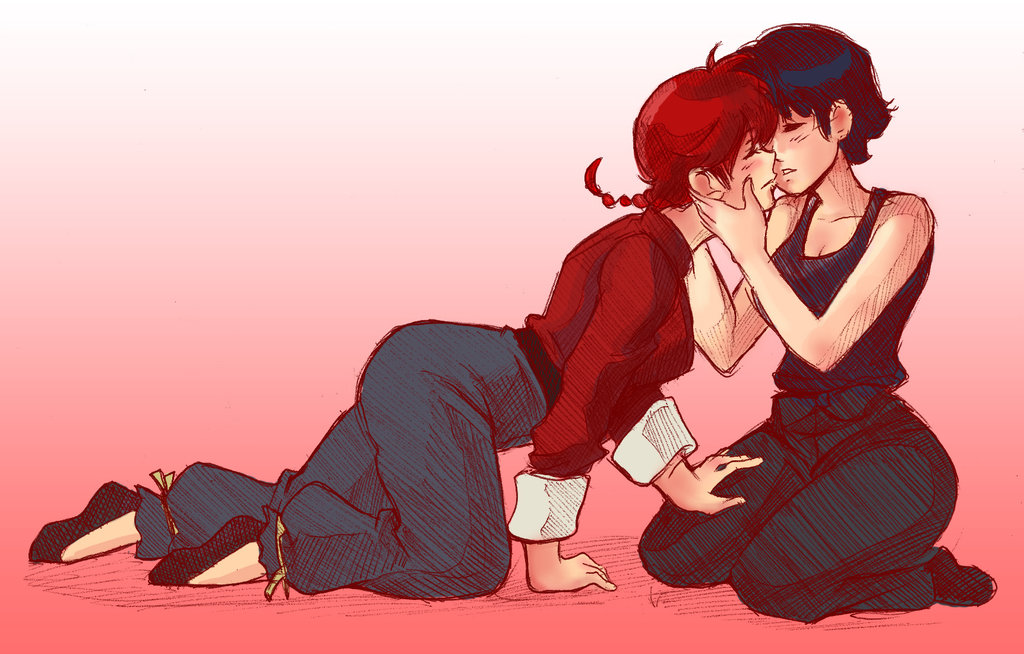 almost_kiss closed_eyes fluffy-fuzzy-ears ranma-chan ranma_1/2 saotome_ranma simple_background tendou_akane yuri