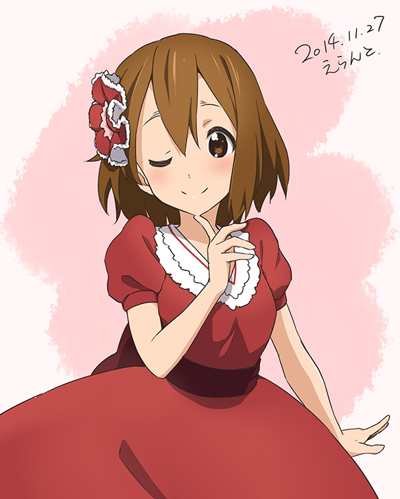 1girl brown_eyes brown_hair dress errant hirasawa_yui k-on! one_eye_closed short_hair solo