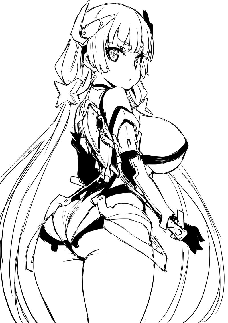 1girl angela_balzac asanagi ass bare_shoulders bodysuit breasts cowboy_shot elbow_gloves expelled_from_paradise from_behind gloves greyscale headgear large_breasts leotard long_hair looking_back low_twintails monochrome simple_background sketch solo twintails very_long_hair white_background