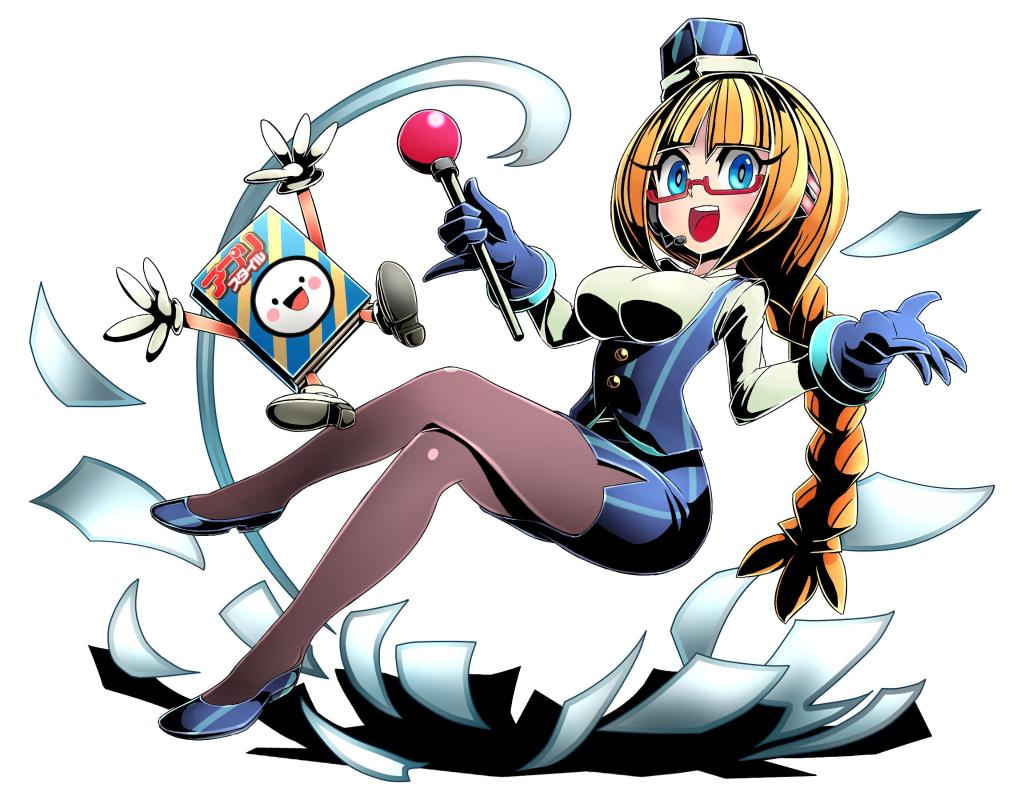 1girl blonde_hair blue_eyes blue_gloves braid breasts character_request crossed_legs floating glasses gloves headset mascot mini_hat open_mouth original pantyhose pinky_out pumps red-framed_glasses semi-rimless_glasses sheer_legwear single_braid sitting smile solo under-rim_glasses