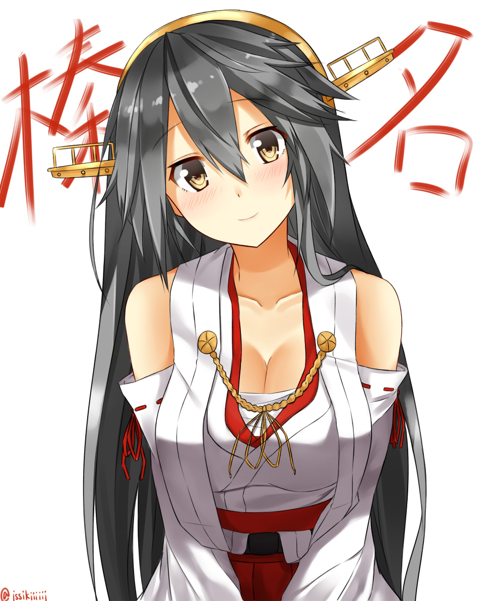 1girl bare_shoulders blush breasts brown_eyes bust cleavage detached_sleeves ffmania7 grey_hair hair_between_eyes hairband haruna_(kantai_collection) head_tilt headgear japanese_clothes kantai_collection long_hair looking_at_viewer nontraditional_miko pleated_skirt red_skirt sarashi simple_background skirt smile solo twitter_username v_arms white_background