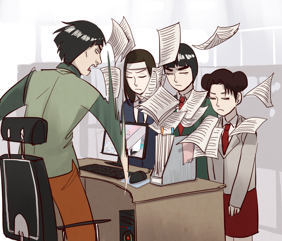 1girl 3boys artist_request closed_eyes computer contemporary formal hyuuga_neji might_guy multiple_boys naruto paper rock_lee shouting suit tenten
