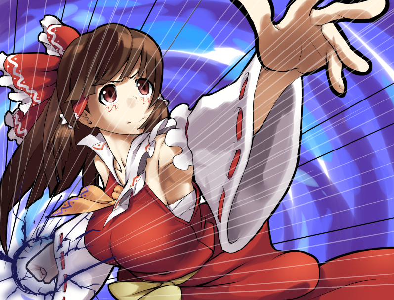 1girl armpits blush breasts brown_eyes brown_hair clenched_hand collarbone cookie_(touhou) detached_sleeves glowing_fist hakurei_reimu kanna_(cookie) large_breasts long_hair majin_(marcia) sarashi serious solo touhou wide_sleeves