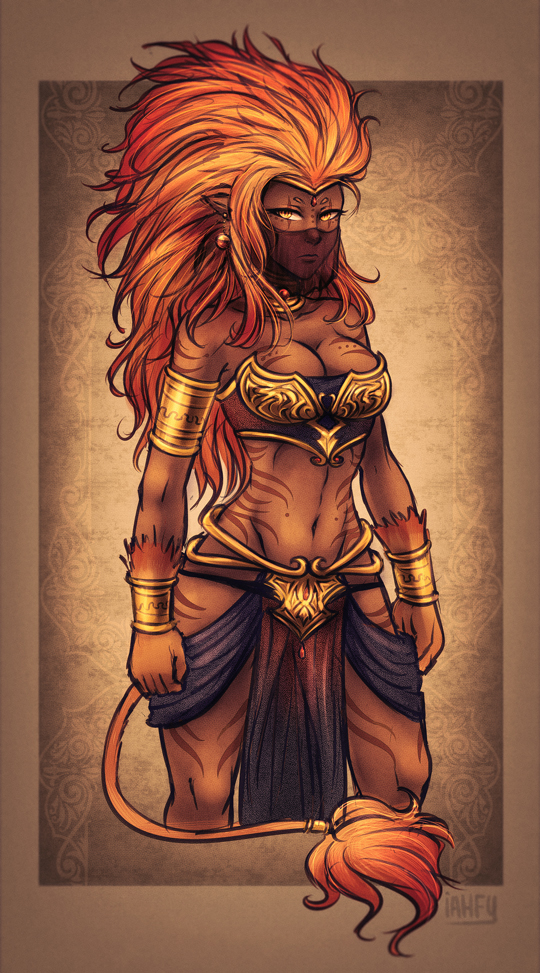 1girl armlet big_hair bracelet breasts bustier cleavage commentary cropped_legs dark_skin earrings face_mask facial_tattoo full_body_tattoo fur iahfy jewelry lion_tail loincloth long_hair mask midriff navel neck_ribbon orange_hair original pointy_ears revision ribbon solo standing tail tattoo tribal tribal_tattoo veil yellow_eyes