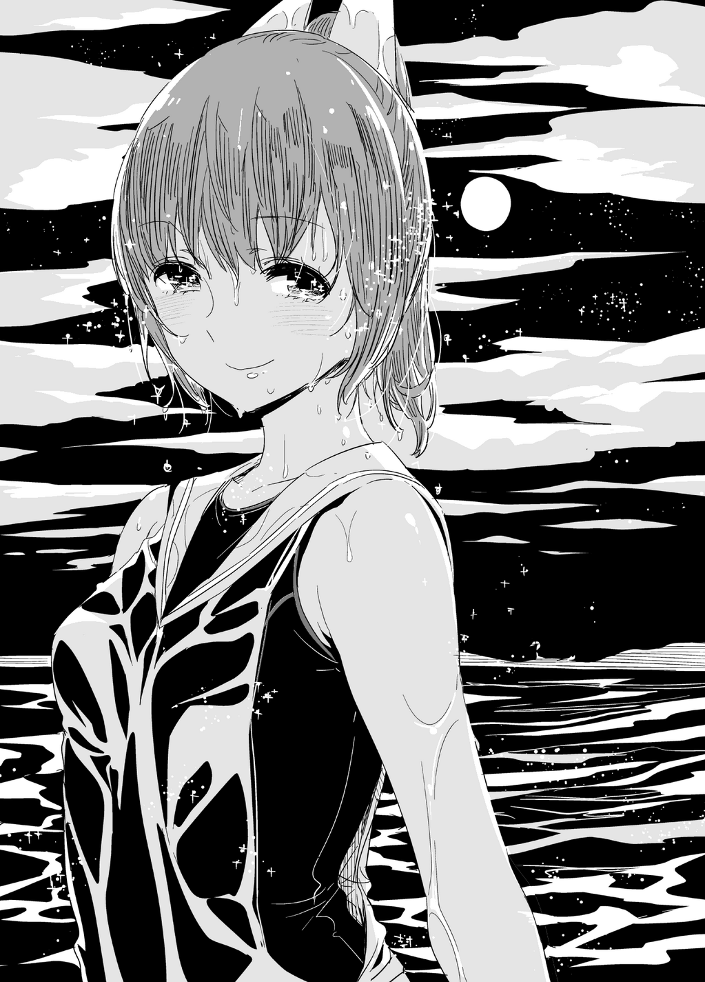 1girl blush bust clouds collarbone full_moon goshiki_suzu greyscale highres i-401_(kantai_collection) kantai_collection lineart looking_at_viewer monochrome moon night night_sky ponytail sailor_collar school_swimsuit short_hair sky smile solo star_(sky) starry_sky swimsuit swimsuit_under_clothes water wet wet_clothes wet_hair