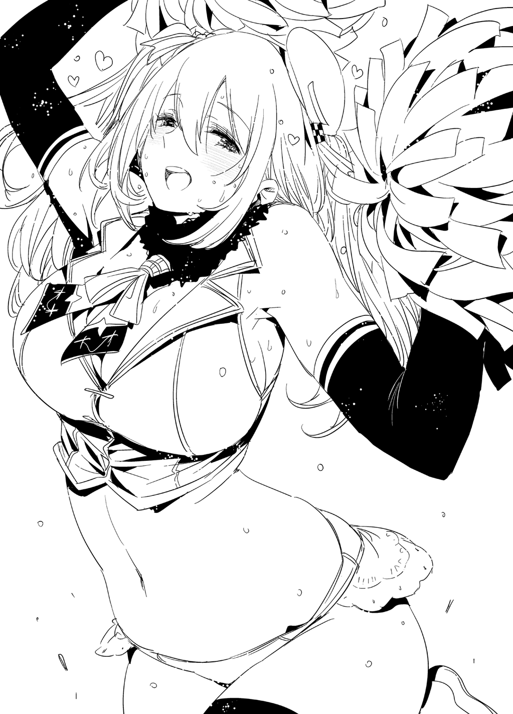 1girl adapted_costume arms_up atago_(kantai_collection) bare_shoulders blush breasts cheerleader cowboy_shot crop_top elbow_gloves female fur_collar gloves goshiki_suzu greyscale hat heart highres kantai_collection large_breasts lineart long_hair looking_at_viewer monochrome navel open_mouth pom_poms simple_background solo thigh-highs white_background