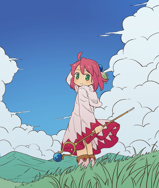 1girl ahoge boots clouds cloudy_sky final_fantasy final_fantasy_fables grass green_eyes hair_ornament looking_back mizuno_mumomo outdoors pink_hair robe shirma sky smile solo staff standing white_mage