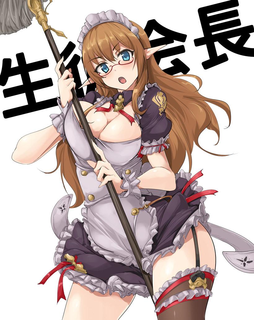 1girl :o between_thighs black_legwear blue_eyes blush breast_press breasts character_request cleavage cowboy_shot garter_straps glasses large_breasts long_hair looking_at_viewer maid maid_headdress momio mop pointy_ears red-framed_glasses semi-rimless_glasses single_thighhigh solo thigh-highs under-rim_glasses white_background wrist_cuffs