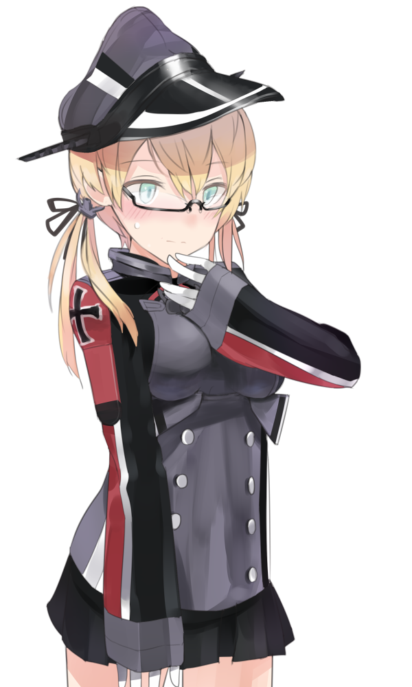 1girl anchor_hair_ornament aqua_eyes bespectacled blonde_hair blush breasts fujibejifu glasses gloves hand_to_own_mouth hat kantai_collection long_hair low_twintails microskirt peaked_cap prinz_eugen_(kantai_collection) simple_background skirt solo sweatdrop twintails white_background white_gloves