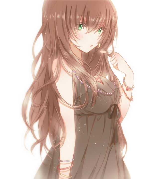 1girl black_dress brown_hair dress green_eyes hiro_(hirohiro31) jewelry long_hair looking_at_viewer necklace original simple_background solo white_background