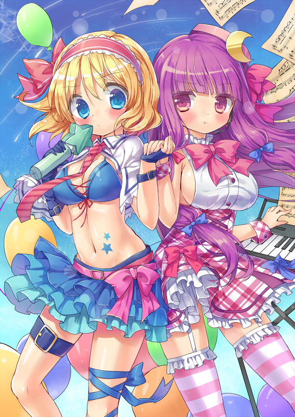 2girls :t alice_margatroid alternate_costume bikini_top blonde_hair blue_eyes blush bow crescent_hair_ornament hair_bow hair_ornament hat idol instrument keyboard_(instrument) microphone multiple_girls navel patchouli_knowledge pout purple_hair silver15 striped striped_legwear thigh_strap touhou violet_eyes