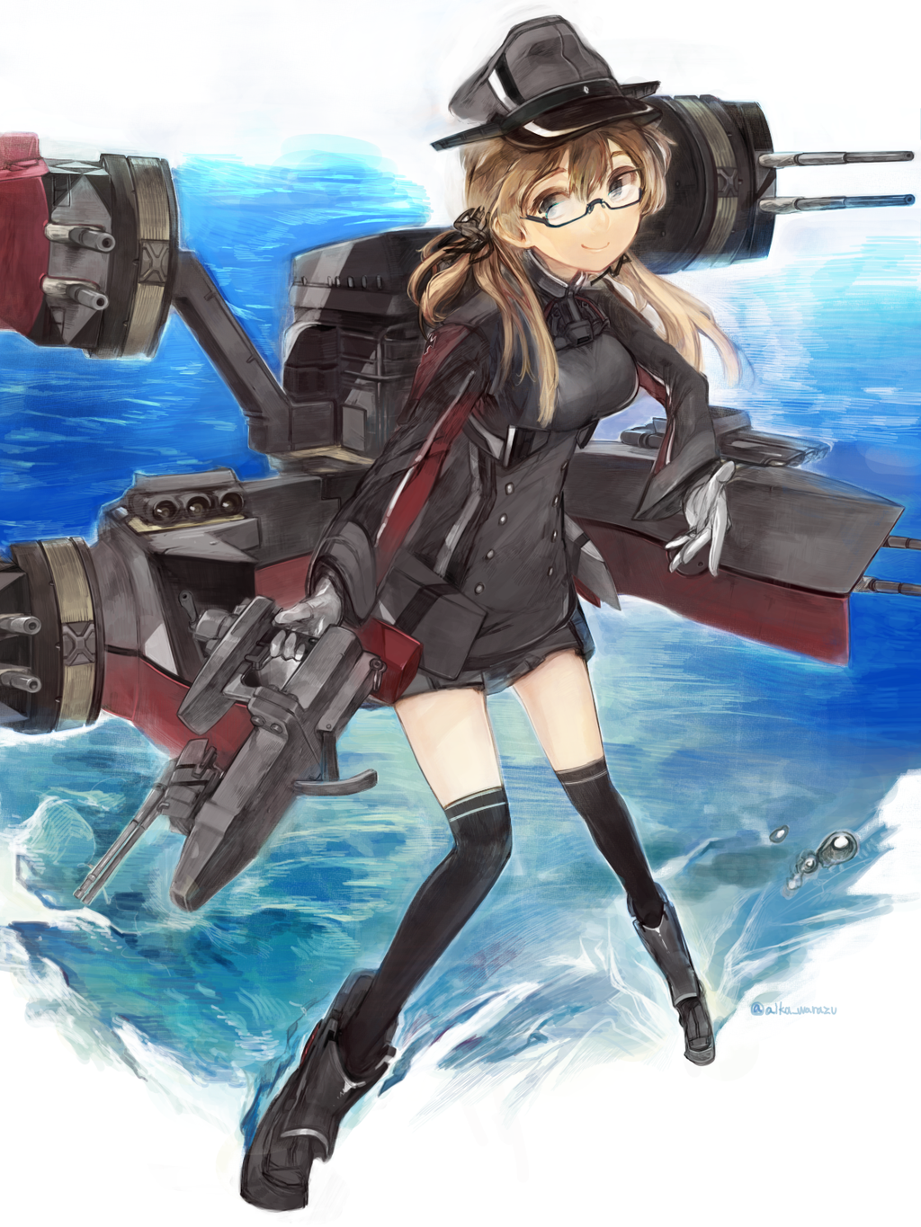 1girl aika_warasu aqua_eyes bespectacled black-framed_glasses black_legwear blonde_hair breasts glasses gloves hat highres kantai_collection long_hair low_twintails machinery peaked_cap prinz_eugen_(kantai_collection) semi-rimless_glasses smile solo standing standing_on_water thigh-highs turret twintails twitter_username under-rim_glasses water white_gloves