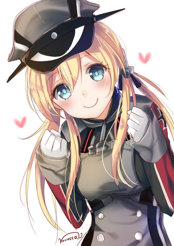 1girl artist_name blue_eyes breasts bust clenched_hand gloves hat heart kantai_collection long_hair looking_at_viewer low_twintails nunucco peaked_cap prinz_eugen_(kantai_collection) signature simple_background smile solo twintails white_background white_gloves