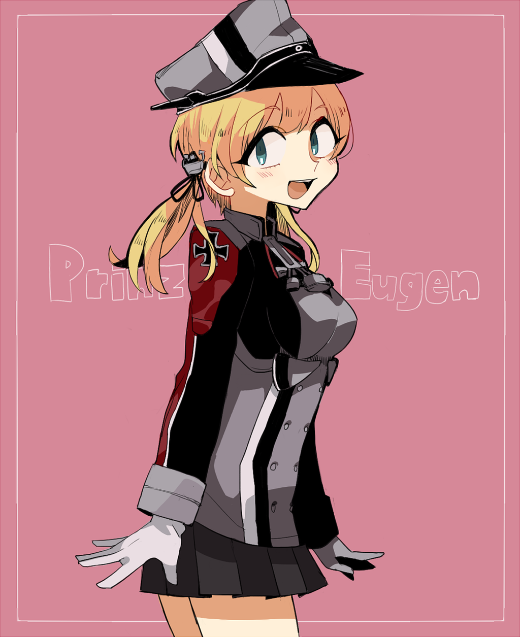 1girl :d anchor_hair_ornament black_ribbon black_skirt blonde_hair blue_eyes blush character_name gloves hair_ornament hair_ribbon hat highres iron_cross kantai_collection long_hair long_sleeves mido006 military military_uniform miniskirt open_mouth peaked_cap pink_background pleated_skirt prinz_eugen_(kantai_collection) ribbon simple_background skirt smile solo twintails uniform white_gloves