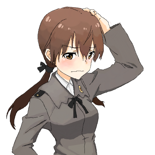 1girl black_ribbon blush brown_eyes brown_hair gertrud_barkhorn hair_ribbon hand_on_head jacket long_hair long_sleeves military military_uniform ribbon shiratama_(hockey) simple_background solo strike_witches twintails uniform wavy_mouth white_background