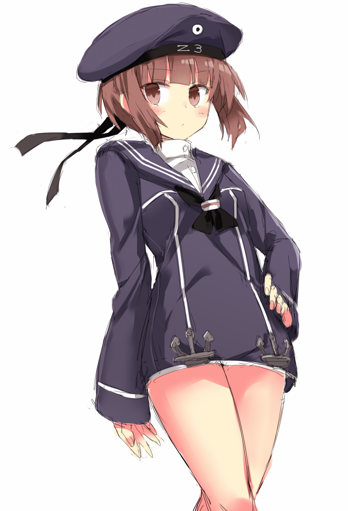 1girl 501092-taka beret blush brown_eyes brown_hair clothes_writing cowboy_shot hand_on_hip hat kantai_collection sailor_collar short_hair simple_background solo white_background z3_max_schultz_(kantai_collection)