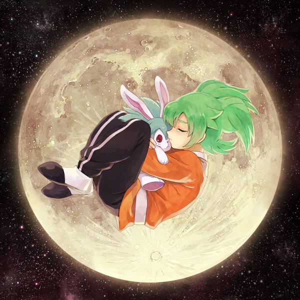 1boy closed_eyes fei_rune fetal_position green_hair inazuma_eleven_(series) inazuma_eleven_go inazuma_eleven_go_chrono_stone male moon riho sky solo space star_(sky) starry_sky stuffed_animal stuffed_bunny stuffed_toy tears