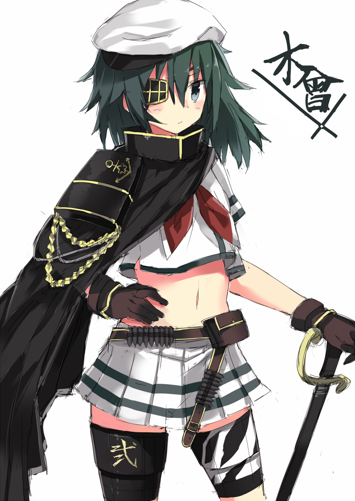 1girl 501092-taka blue_eyes brown_gloves cape character_name eyepatch gloves green_hair hand_on_hip hat kantai_collection kiso_(kantai_collection) long_hair midriff navel school_uniform serafuku simple_background skirt solo sword weapon white_background