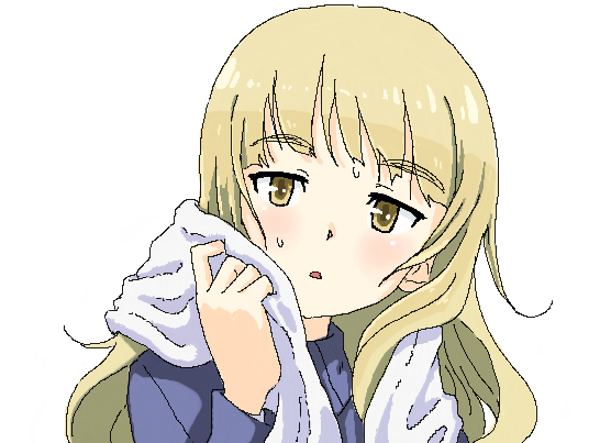 1girl :o blonde_hair blush bust eyebrows face glasses glasses_removed jacket long_hair long_sleeves looking_at_viewer military military_uniform perrine_h_clostermann shiratama_(hockey) simple_background solo strike_witches sweat towel uniform white_background yellow_eyes