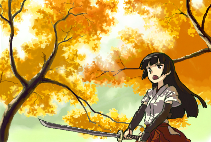 1girl anabuki_tomoko black_hair brown_eyes hakama_skirt haori holding holding_sword japanese_clothes katana long_hair nature open_mouth red_skirt shiratama_(hockey) skirt sky solo strike_witches sword tree vambraces weapon