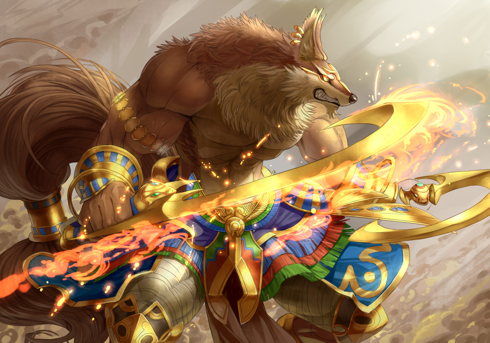 animal_ears biri_(artist) dual_wielding fire puzzle_&amp;_dragons set_(p&amp;d) solo tail weapon wolf wolf_ears wolf_tail