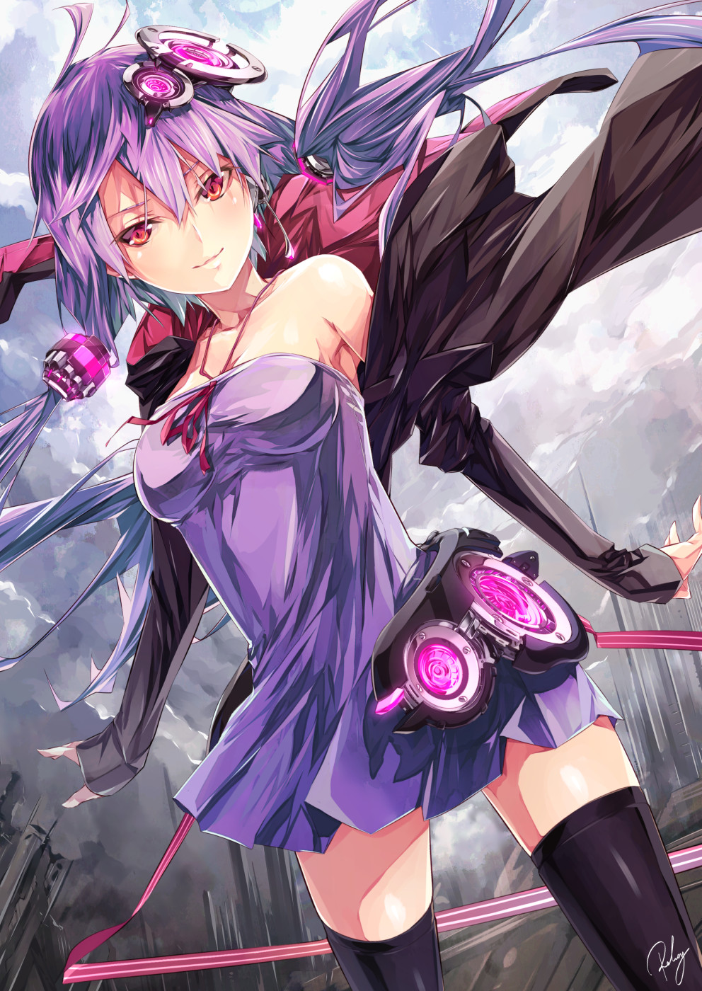 1girl dress hair_ornament highres jacket long_hair looking_at_viewer purple_hair re_lucy red_eyes solo strapless_dress thigh-highs twintails vocaloid yuzuki_yukari zettai_ryouiki